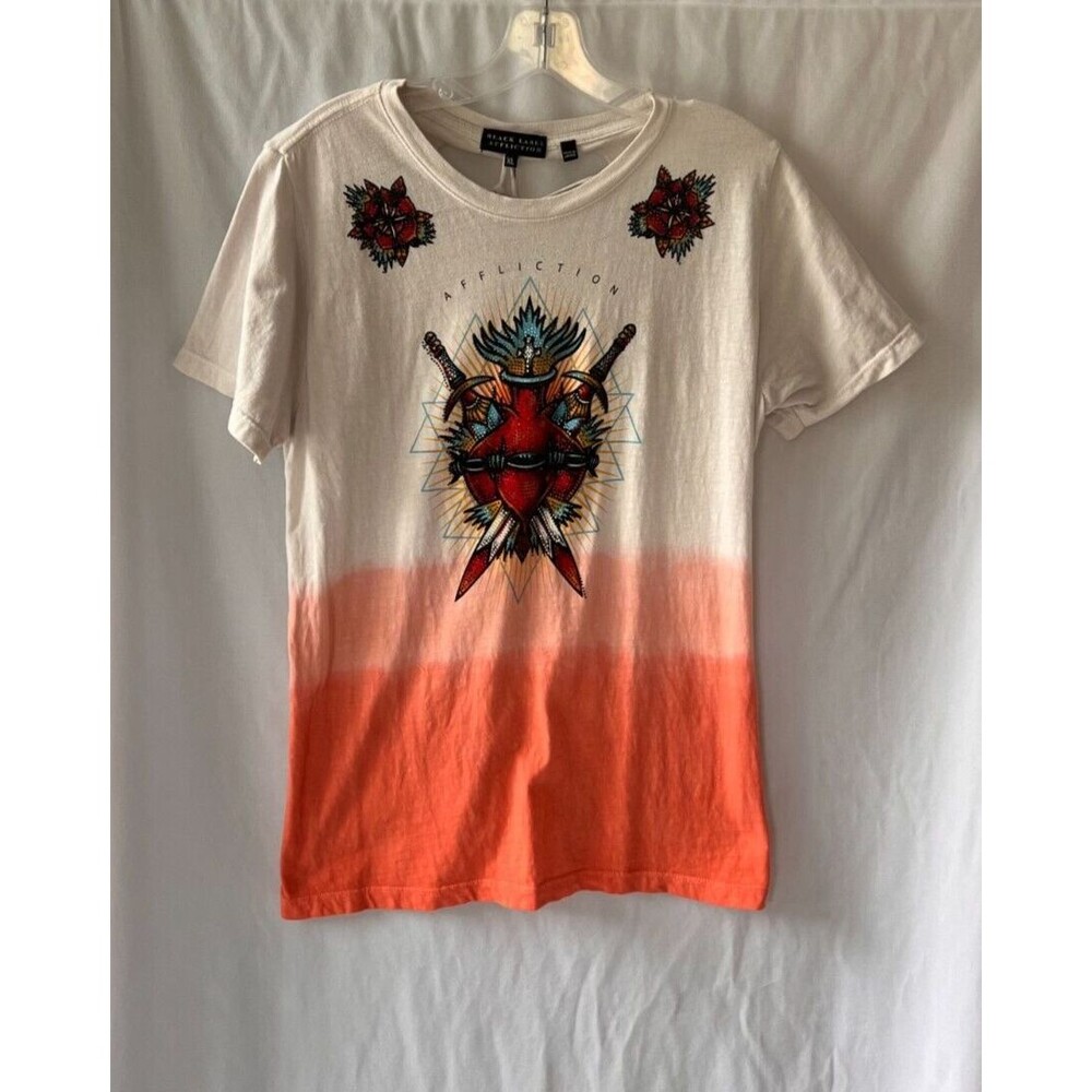 Affliction T-Shirt Sacred Oath Biker Tattoo color block peach  XL